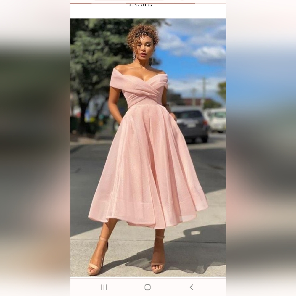 A-Line/Princess Organza Ruched Off-the-Shoulder Sleeveless Tea-Length dress